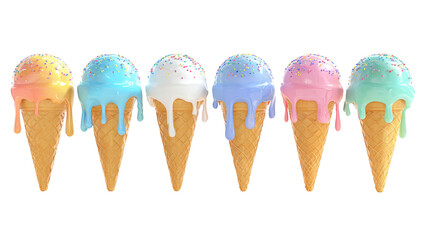 3D render melt ice cream cone png transparent no background in summer symbol concept.