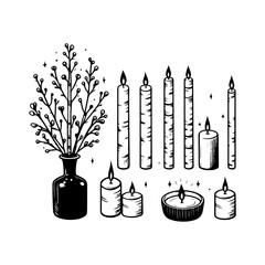 Candles, linear illustration of eco-friendly candles made from birch branches. Hand drawn, natural materials, wood, twigs and leaves. Symbol of nature, handmade products. black outline on white backgr
