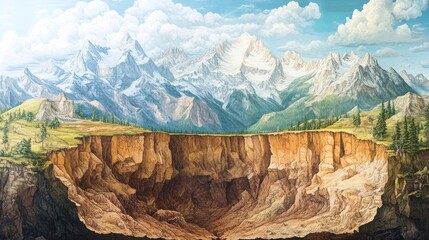 A stunning watercolor painting displaying the immensity of a profound chasm cutting through a vibrant, elevated terrain leading to the majestic mountain landscape