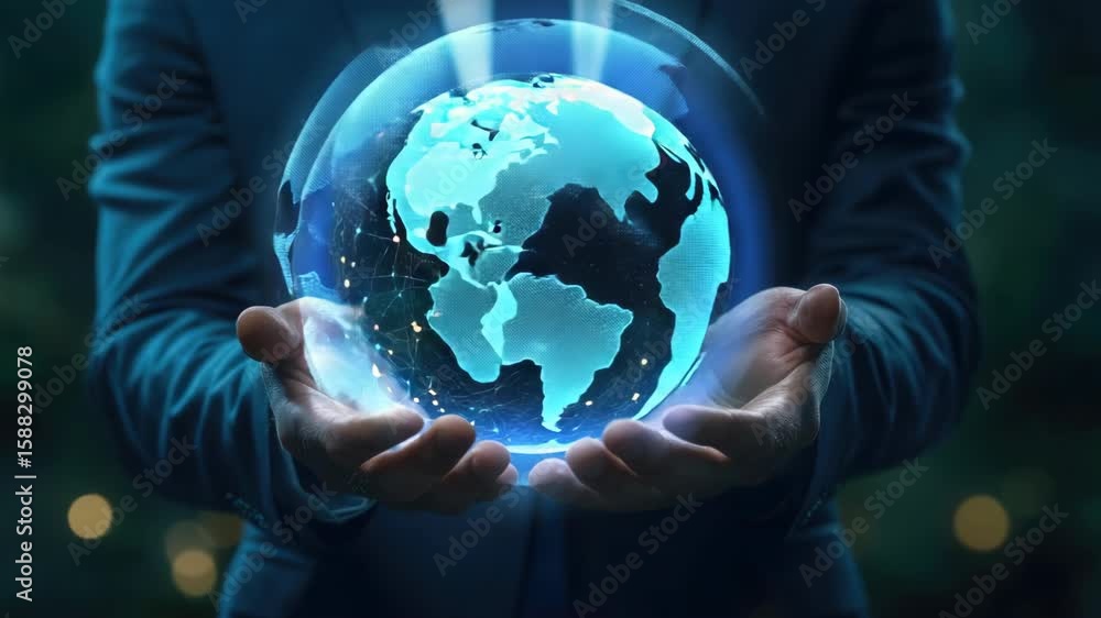 Poster hand holding globe with digital network, symbolizing global connectivity and technology integration.