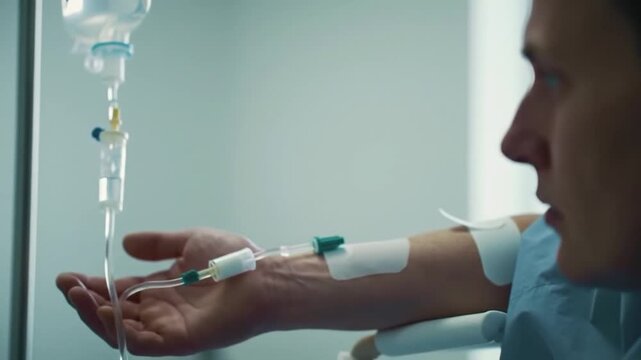Man receiving IV treatment in hospital with serious expression  