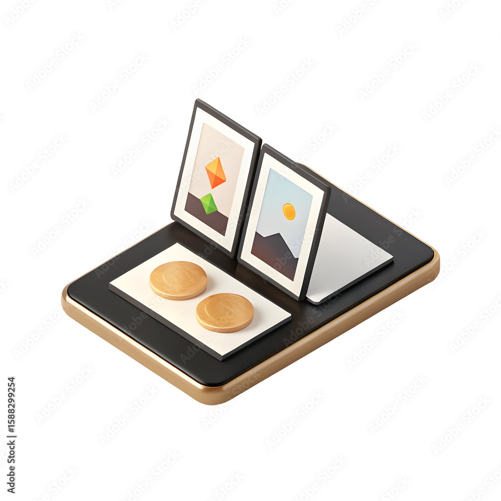 Poster isometric digital art display isolated on a transparent background