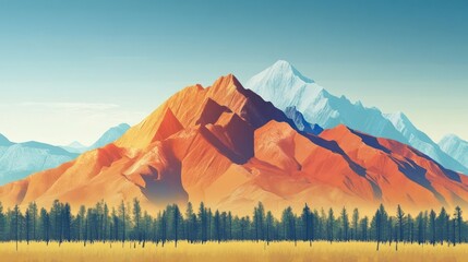 A picturesque scenery featuring an arid mountain landscape, contrasted against distant snowy peaks, beneath a serene blue sky, alluding to nature's grandeur and beauty