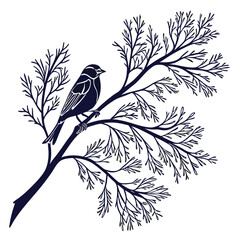 A Solitary Bird Perched on Delicate Winter Branches Against a White Background