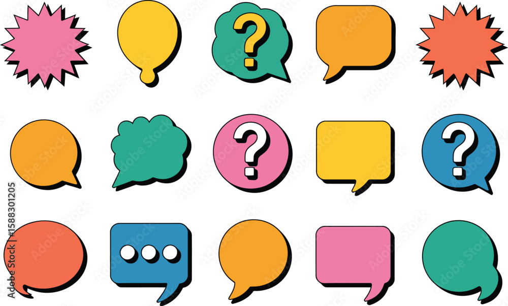 Poster a collection of colorful speech bubbles and question mark icons on a white background