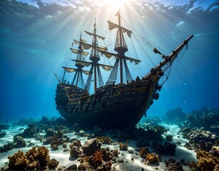 Fototapeta premium A sunken pirate ship underwater in a blue ocean.