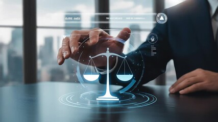 A digital scale of justice hovers above a reflective with a suited professional nearby.