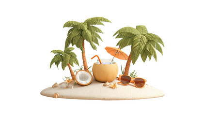 Island and coconut tree png in 3d model transparent no background in summer holiday concept.