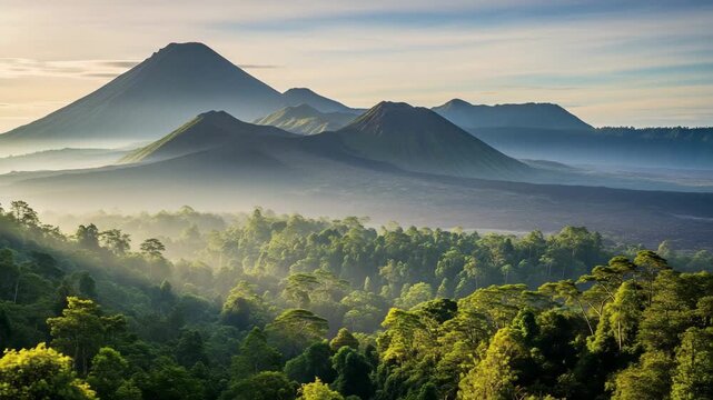 Scenic Mountain Landscape at Dawn Mist-Covered Peaks and Lush Green Forest, a Visual Journey into Nature's Majesty