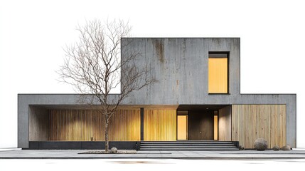 Obraz premium Modern concrete and wood house with warm interior lighting and bare tree