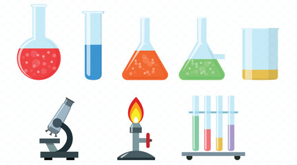 Obraz premium Science Lab Equipment Icons – Flasks, Microscope, Burner and Test Tubes Vector Set