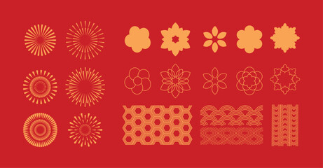 Asian Style Decorative Floral and Geometric Pattern Collection on Red Background – Vector Set