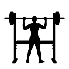 Silhouette of weightlifter exercising with barbell on weight bench. Silhouette showcases a muscular figure during a powerlifting workout, capturing intensity and focus.
