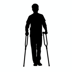 Silhouette of man with crutches walking on white backdrop. This silhouette depicts a person in recovery, relying on crutches for mobility and balance.