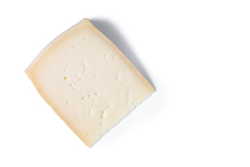 Wedge of Aged Hard Cheese isolated on white background. Top view. Copy space