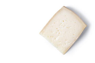 Wedge of Aged Hard Cheese isolated on white background. Top view. Copy space