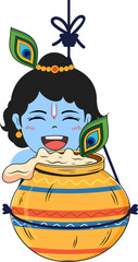 Krishna playing with hanging dahi handi in janmashtami indian festival vector illustration.