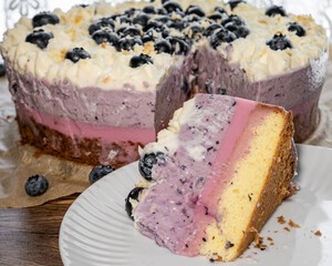 Summer cake with berries, berry layer cake, piece of cake on a plate