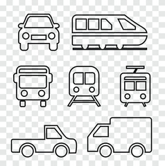 Outline Style Transport Vehicle Icons – Car, Bus, Train, Tram, Van and Pickup Vector Set
