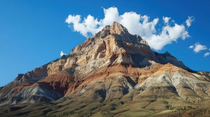 Majestic multi-colored geological formation under a bright sky with scattered clouds, showcasing nature's artistry with its vibrant hues and rugged textures, inspiring exploration