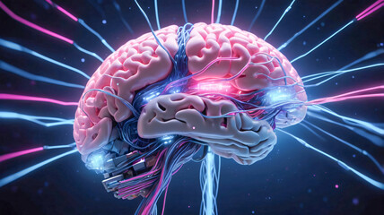 Illustration of a Human Brain Anatomy in a transparent skull with radiant neon color glow which helps in reference and research studies for Doctors, Surgeons, and Medical students.