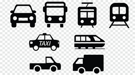 Public and Private Transport Icon Set – Car, Bus, Taxi, Tram, Train, and Truck Silhouettes Vector