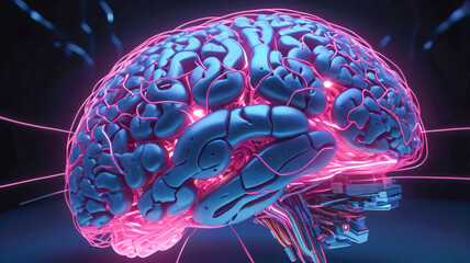 Illustration of a Human Brain Anatomy in a transparent skull with radiant neon color glow which helps in reference and research studies for Doctors, Surgeons, and Medical students.