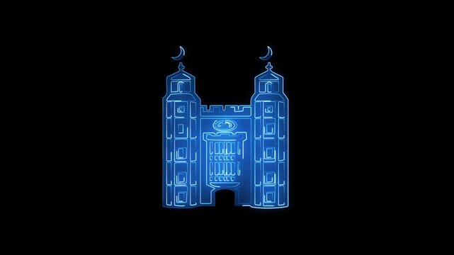 Geometric Mosque: a glowing depiction of a sacred building with minarets and crescent moons, symbol of faith, designed with geometric precision.