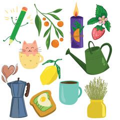 Cozy and cheerful vector collection with everyday home objects, plants, and lifestyle elements in a hand-drawn style. Ideal for prints, stickers, and home decor designs.