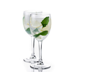 Hugo Spritz cocktail in glass isolated on white background. Copy space