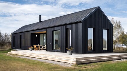 Obraz premium Modern black wood siding house with large deck and scenic views