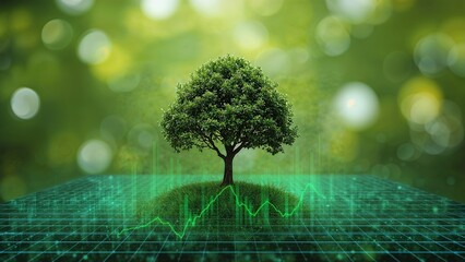 A vibrant tree stands atop a grassy mound with a digital financial graph overlay.