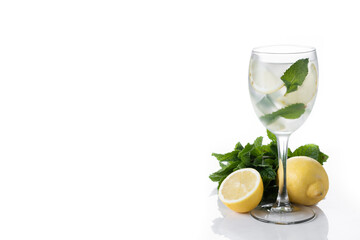 Hugo Spritz cocktail in glass isolated on white background. Copy space