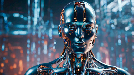 An Illustration of 3D AI powered humanoid emitting electric blue and pink neon data points, fiber optic strands, holographic screen, computation and deep learning.