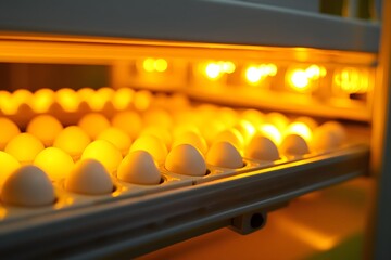 Eggs in Incubator with Warm Light for Hatching in Poultry Farming Facility