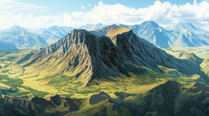 A Majestic Panorama of Rugged Mountain Peaks and Verdant Valleys, with Cloud-Dotted Sky, a Grand Vista of Nature's Untamed Beauty, evoking a sense of Freedom
