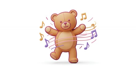 Naklejka premium Animated illustration of a teddy bear dancing with musical notes on a white background