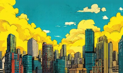 Comic book style cityscape, vibrant colors, pop art