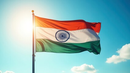 Indian flag waving in a clear blue sky.