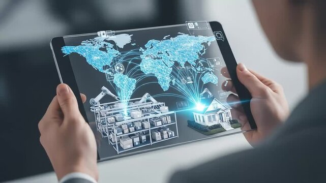 Global network connects warehouse inventory to a smart home on a digital tablet interface. - Powered by Adobe