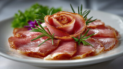 Delicious ham slices arranged in beautiful rose shape on white plate