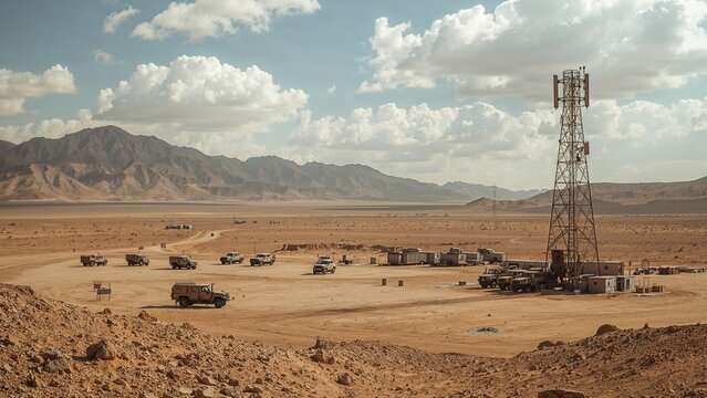 A remote desert landscape featuring vehicles, a communication tower, and distant mountains under a cloudy sky.
