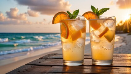 Refreshing orange cocktails with mint and ice on a wooden table at the beach during sunset
