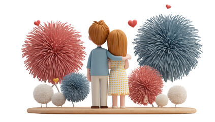 Cartoon couple watch firework die cut no bg png for summer or newyear celebration decoration purpose.