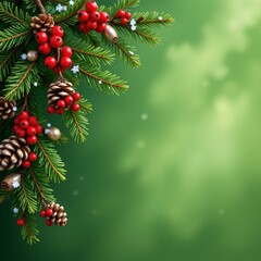 a festive christmas scene with a green background and pine cones and red berries adorning the branches