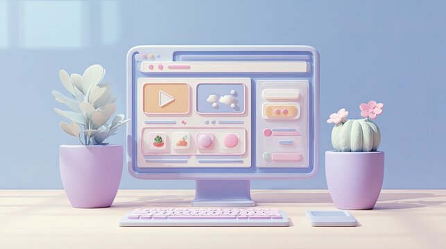 Pastel-colored computer with web pages and plants on a light wood surface