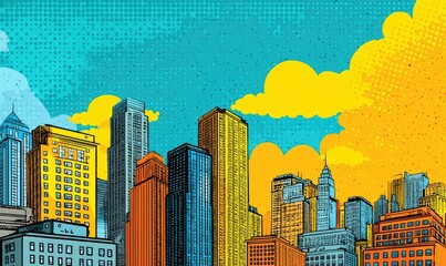 Pop art cityscape with towering buildings, vibrant colors, and comic book style dots