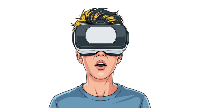 Young boy with surprised expression wearing a virtual reality headset against a white background.