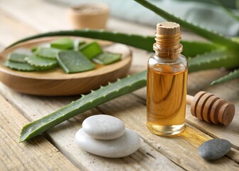 Fototapeta premium “Sandalwood oil bottle standing on a wooden surface with a sliced aloe vera plant, honey dipper, and smooth pebbles — realistic textures, spa and skincare mood with shallow depth of field.”