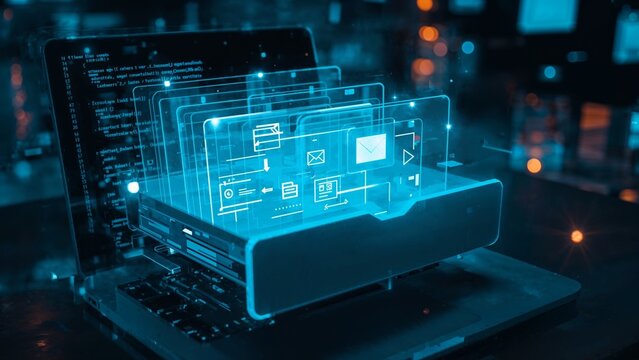 Laptop displaying a futuristic interface with floating screens and digital icons, suggesting data processing and technology. - Powered by Adobe
